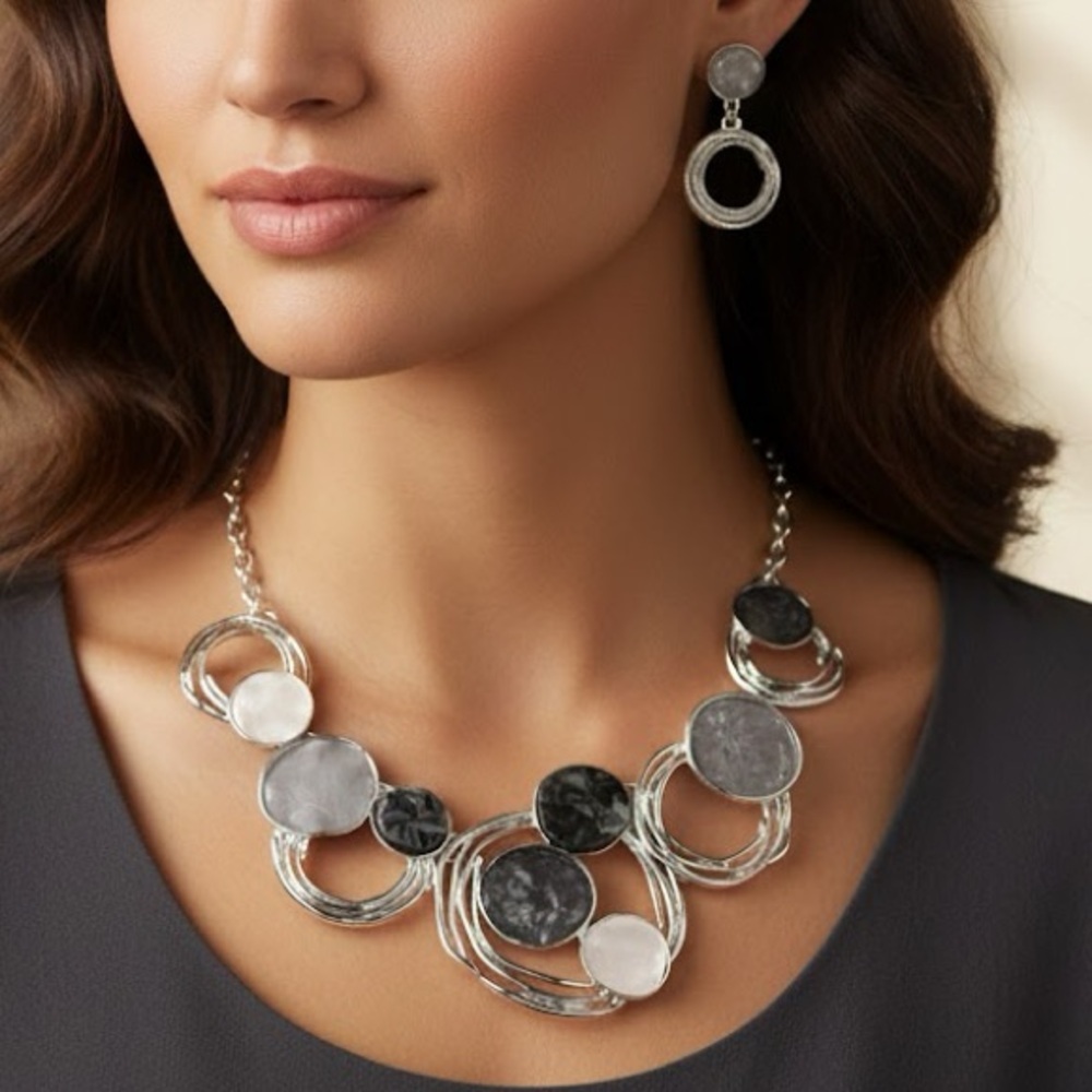 Silver Chunky Necklace Set womens jewelry earrings Black Gray